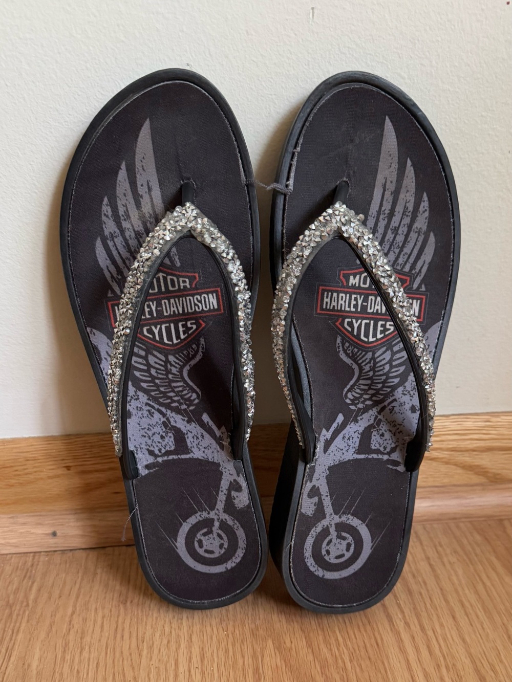 Harley-Davidson Rhinestone Wedge Flip Flops Sandals Size 9
